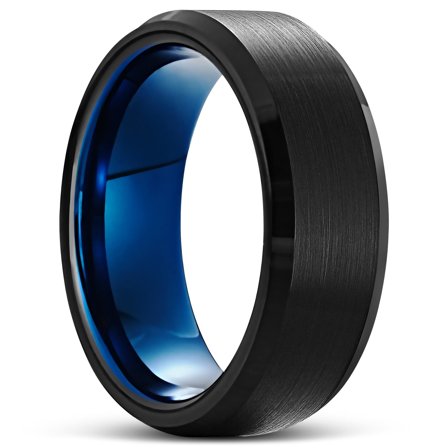 Terra | 8 mm Black and Blue Bevelled Edge Tungsten Carbide Ring for Men - Steel rings