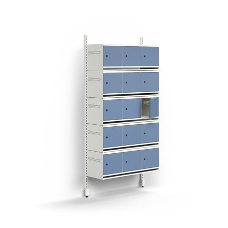 Schuhschrank ENTRY, Grundmodul, wandhängend, 15 Metalltüren, 1800 x 900 x 300 mm, weiß/blau