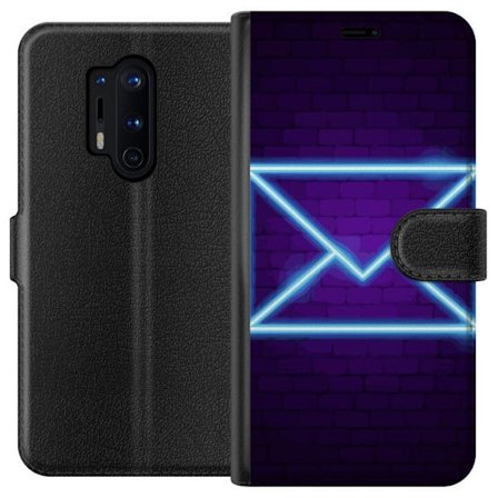 Kompatibel Tegnebogsetui til OnePlus OnePlus 8 Pro Neon illustration af kuvert i blåt lys mod lilla teglvæg, moderne symbol for beskeder kommunikati