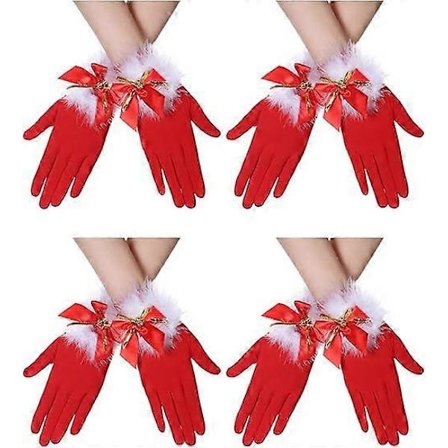 4 par med jule-røde hansker, nisseluer med sløyfe, elastiske melkesilkehansker, klestilbehør som passer til jule-cosplayfester