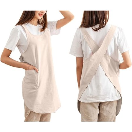 Bomuldskrydsrygforklæder Ensfarvet Madlavning Køkken Have Kittel til Kvinder Piger med Lommer-Beige