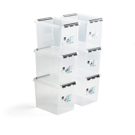 Plastback med lock, 25 liter, 6 st/fp, 400x300x320 mm, transparent