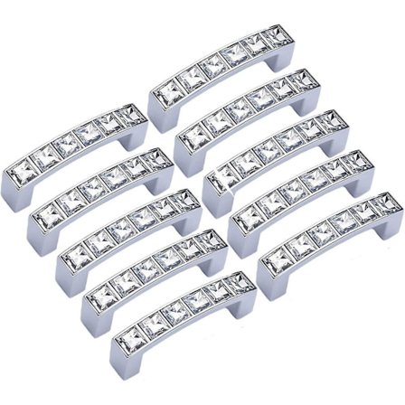 10-pack fyrkantiga genomskinliga kristalldekorerade lådhandtag för skåp, skåpsdörr eller skåp, 64 mm total längd, 70 mm