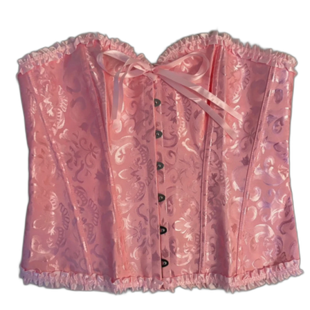 Rosa korsett med rosett och spetsdetaljer
