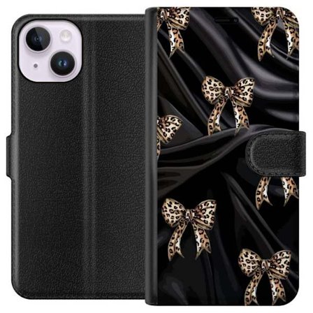 Kompatibelt Lommeboketui til Apple iPhone 15 Leopardmønstrede sløyfer på svart silkebakgrunn, luksuriøst mønster med glamour, eksklusiv stil og trendy
