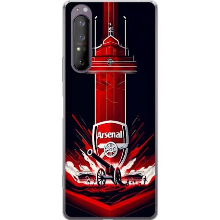 Yhteensopiva Puhelinkuori Sony Xperia 1 II Arsenal-embleemi, jossa tykki ja stadionmotiivi voimakkaassa punaisessa ja valkoisessa urheilusuunnitteluss