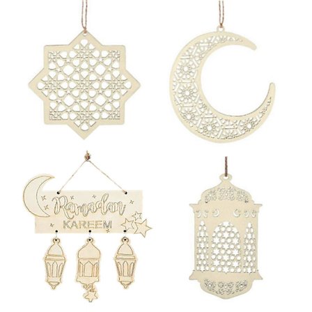 4 KPL Puinen Riipus Koriste Ramadan Eid Koristelu Kuu Tähti Muoto Ripustus Koriste Ramadan Mubarak Eid Koristeluun [D]