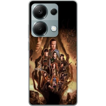Yhteensopiva Puhelinkuori Xiaomi Redmi Note 13 Pro 4G Ryhmäpotretti Stranger Thingsin sankareista, joissa on tumma fantasiaympäristö ja uhkaava olento