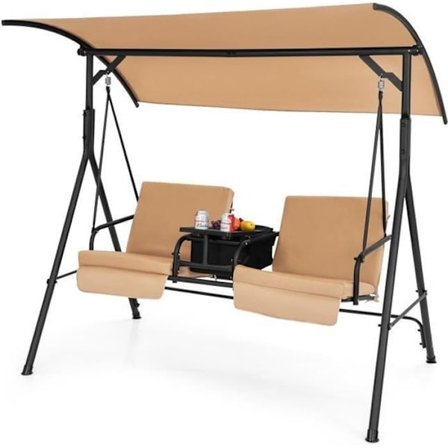 COSTWAY Puutarhakeinu 2 hengelle 181x124x161,5 CM Säädettävä katos 240° - Eristekassi - Kääntyvä tarjotin 360° - 120kg - Ruskea