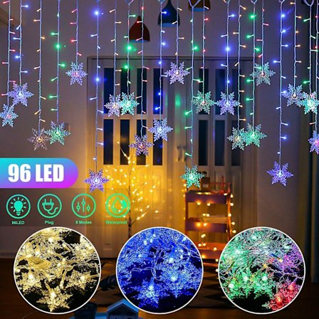 96 LED Snöflinga Ljusslinga Gardin Fönster 8 Lägen Juldekoration