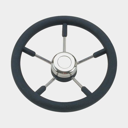 Timón lancha a motor Savoretti Armando T9, acero inoxidable & goma, Ø400 mm, con cubo, compatible con eje de timón de 3/4′′ (19 mm), negro