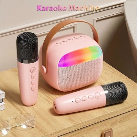 Karaoke Maskin Mini Trådløs Mikrofon og Høyttalersett med 2 Mikrofon Gaver til Bursdagsfest Skrivebord Utendørs Hjem KTV Sett LED Farge L (FMY)