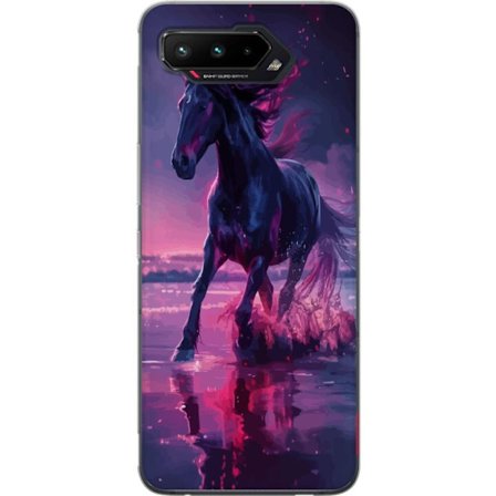 Kompatibelt Mobilskal till Asus Asus ROG Phone 5 Elegant svart häst som springer genom vatten i lila och rosa ljus, magisk atmosfär, rörelse, refle