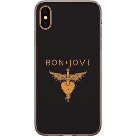 Kompatibelt Mobilskal till Apple iPhone XS Ikonisk musikillustration med bevingat hjärta och dolk i guldtoner på mörk bakgrund, kraftfull och symbo