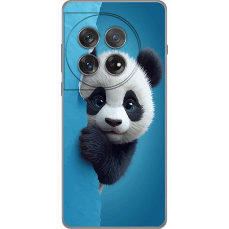 Kompatibel Mobilcover til OnePlus OnePlus 12 Sød panda, der kigger gennem papir i en blød 3D-illustration