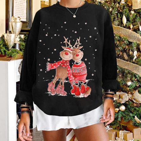 Dam Fleece Jultröja Crew Neck Älg Print Xmas Tops