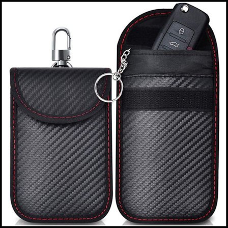 2-pakning Faraday nøkkelpose med nøkkelring, bil RFID signalblokkerende karbonfiberpose, anti-tyveri anti-hacking nøkkelbeskytter