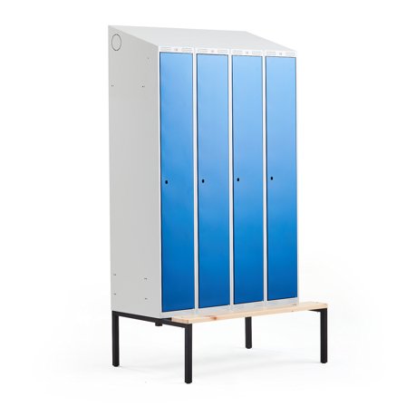 Kleiderspind CLASSIC mit Sitzbank, 4 Module, 2290 x 1200 x 550 mm, blau