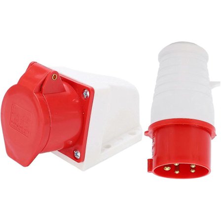 16A Pinne Trefase Industrikontakt, Hann- og Hunnplugg, 3 P + N + T, for Skjøteledning og Bobil, Innendørs og Utendørs Bruk