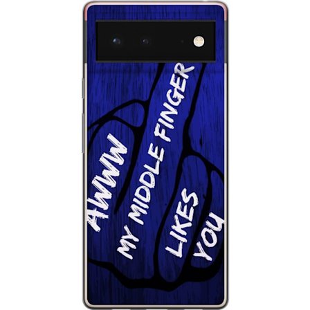 Kompatibelt Mobildeksel til Google Pixel 6 Mørk typografisk illustrasjon med hjerteform og budskap om vennskap mot dyp blå tretekstur