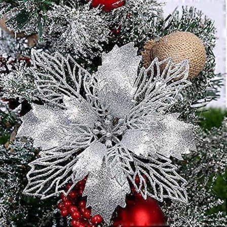 10 kpl suuria joulukukkia (9 cm) Joulutähti Glitterkukka Joulukuusen roikkuva juhlakoriste (hopea)