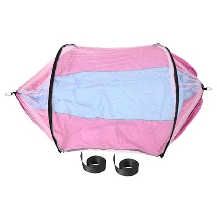 Hängmatta med myggnät, automatisk stötstång, utomhus, anti-rullning, fallskärmsduk (ljusblå rosa)