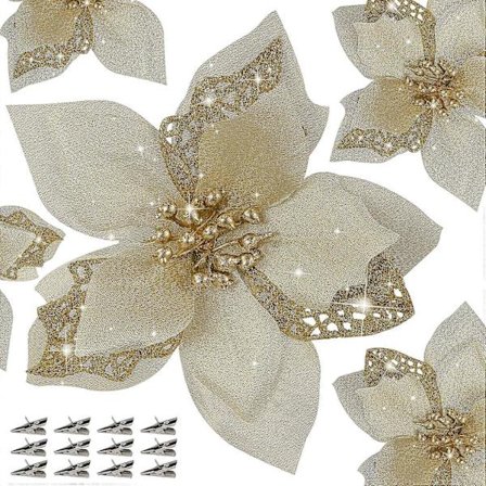 SBSG 12 stk. Julestjerne Blomst Kunstig Julestjerne Juledekoration 5,9'' Guld Glitter Julestjerner Julepynt Juletræsblomst Deco