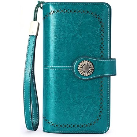 Damplånbok i läder med stor kapacitet med handledsrem, trippelvikt, dubbelsluten dragkedja för dam av