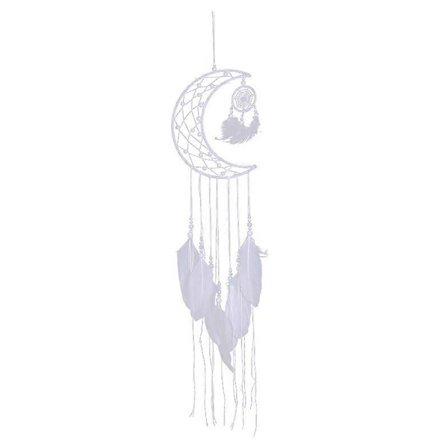 Hvid Drømmefanger Håndlavet Måne Design med Fjer Drømmefanger Vægophæng Boligdekoration