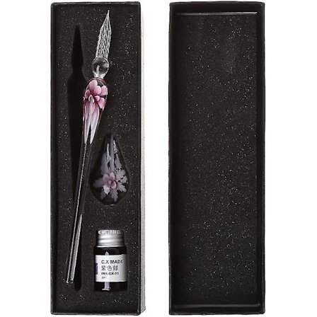 Vintage Krystallglass Dypppenn Håndlaget Blomster 15cm