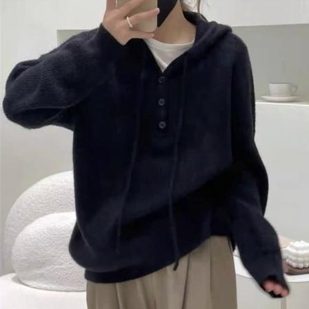 Kvinder strik efterår vinter sweater ensfarvet hætte løs retro japansk frakke Black M