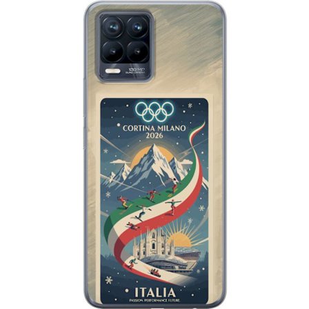 Yhteensopiva Puhelinkuori Realme 8 Mäkihyppykuvitus, jossa hiihtäjä tähtää kiväärillä lumisella radalla, teksti Milano Cortina 2026 ja olympialaisten
