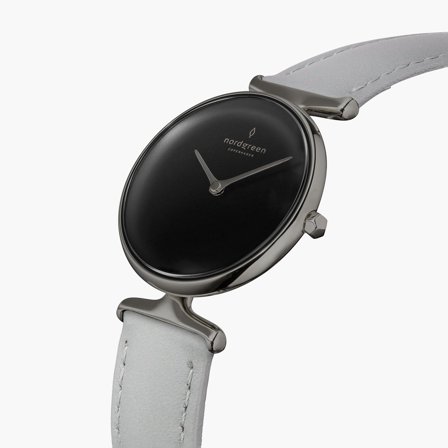 Nordgreen Best Women's Slim Designer Watch - Silver Case - Black Dial - 28mm Grey Leather Strap White Dial Unika