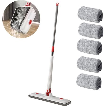 ING Mopp Selvrensende Mopp Med 5 Mopper 360° Roterende Hode Gulvnal Praktisk Mopp Moppesystem Mopp Gulvrengjøring for Alle Harde Gulv Hvit