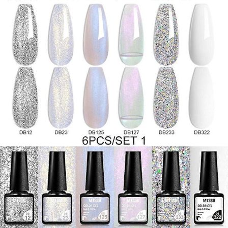 6 st Vita Glitter Nagellack Gel Set Populära Färger Höst Semi Permanent Soak Off UV Nagelkonst Manikyr Lack Tillbehör Kit[YJD]
