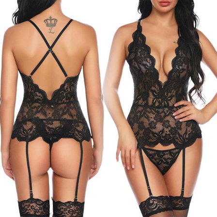 Sexiga underkläder för kvinnor, spets, transparent kropp och strumpbyxor, svart, M Svart M