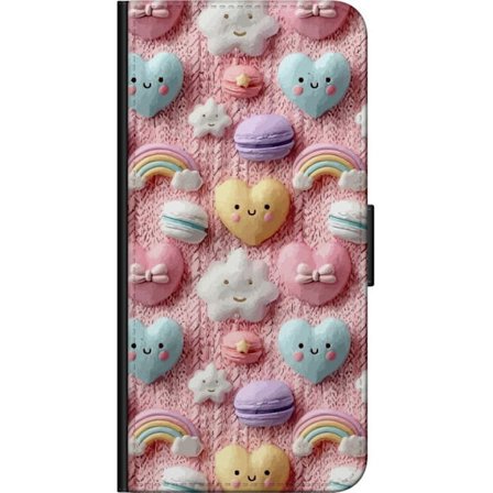 Yhteensopiva Lompakkokotelo Samsung Galaxy Note 10 Lite Pastellimotiiivi sydämillä, pilvillä, sateenkaarilla ja makaronseilla vaaleanpunaisella tausta