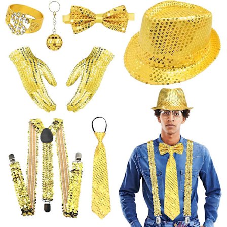glitter antrekk menn, glitter kostyme disco antrekk menn, glitter tilbehør menn med glitter slips hatt sløyfe bukseseler, glitter kostyme