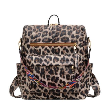Naisten tytön reppu olkalaukku koululaukku Retro Pu Pehmeä Nahka Suuri kapasiteetti College Travel Vapaa-aika Lukiolainen Leopard print Brown