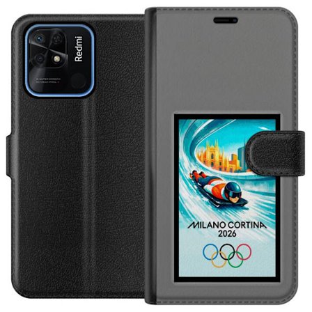 Kompatibelt Lommeboketui til Xiaomi Redmi 10C Dynamisk bobslede eller skeletonkjører i iskanal med Milano Cortina 2026, bysilhuett og olympiske ringer
