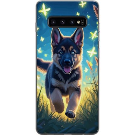 Kompatibelt Mobilskal till Samsung Samsung Galaxy S10 Tysk schäfer valp affisch valp hund hoppar äng fjärilar söt hund illustration blå nattkonst