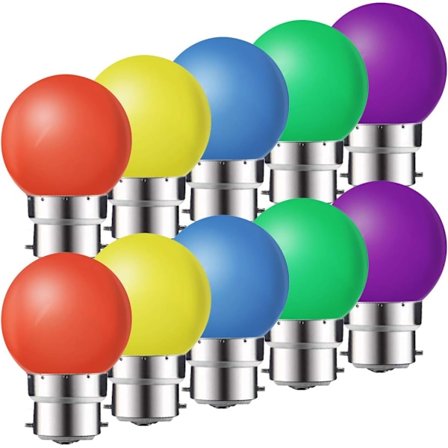 Pakke med 10 B22 1W LED-lyspærer, Fargede, Energieffektive, ZQKLA
