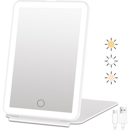 Oppladbart reise-sminkespeil, bærbar belyst sminke-skjønnhetsspeil, 3 farger belysning, dimbar berøringsskjerm