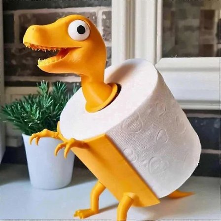 Ny 2023 Dinosaur Toiletpapirholder - Kreativ 3D-printet hylde med sjovt Dino-design til badeværelsesindretning Gul