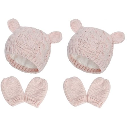 2 x Gulligt stickat set med mössa och vantar för bebis, Medium, Rosa