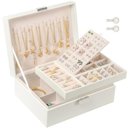 Smyckeskrin, 2-lagers smyckesorganisatör med 2 nycklar, stort smyckesförvaringsfodral i PU-läder med avtagbar bricka