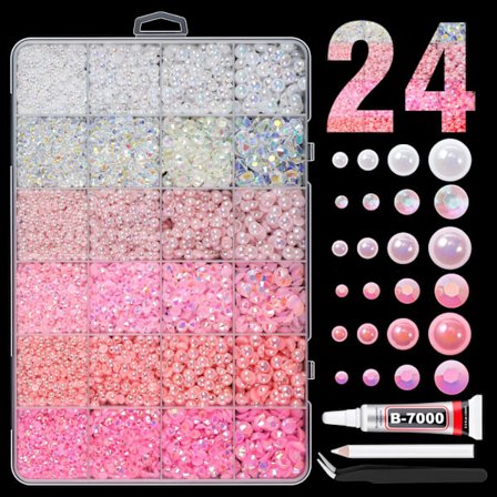 Perle- og resinrhinstenssæt i blandede størrelser - lyserøde hvide gelésten med pincet og opsamlingsblyant til gør-det-selv-håndværk