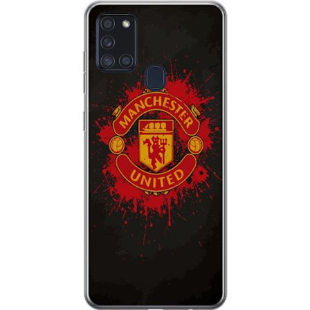 Kompatibelt Mobildeksel til Samsung Samsung Galaxy A21s Manchester United logo i rød og gul farge med røff sportslig bakgrunn
