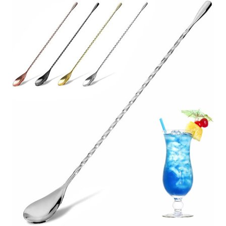 Cocktail-lusikka, ruostumaton teräs, baariteelusikka, pitkävarsi, cocktail-shaker, spiraalimalli, erinomainen juomien sekoittamiseen ja kerrostamiseen