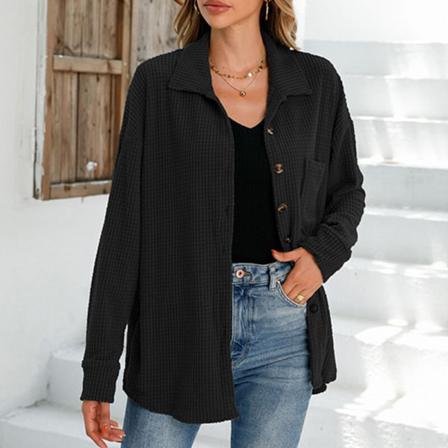Kvinnor Button Down Lapel Neck Toppar Långärmad Waffle Tunic Shirt